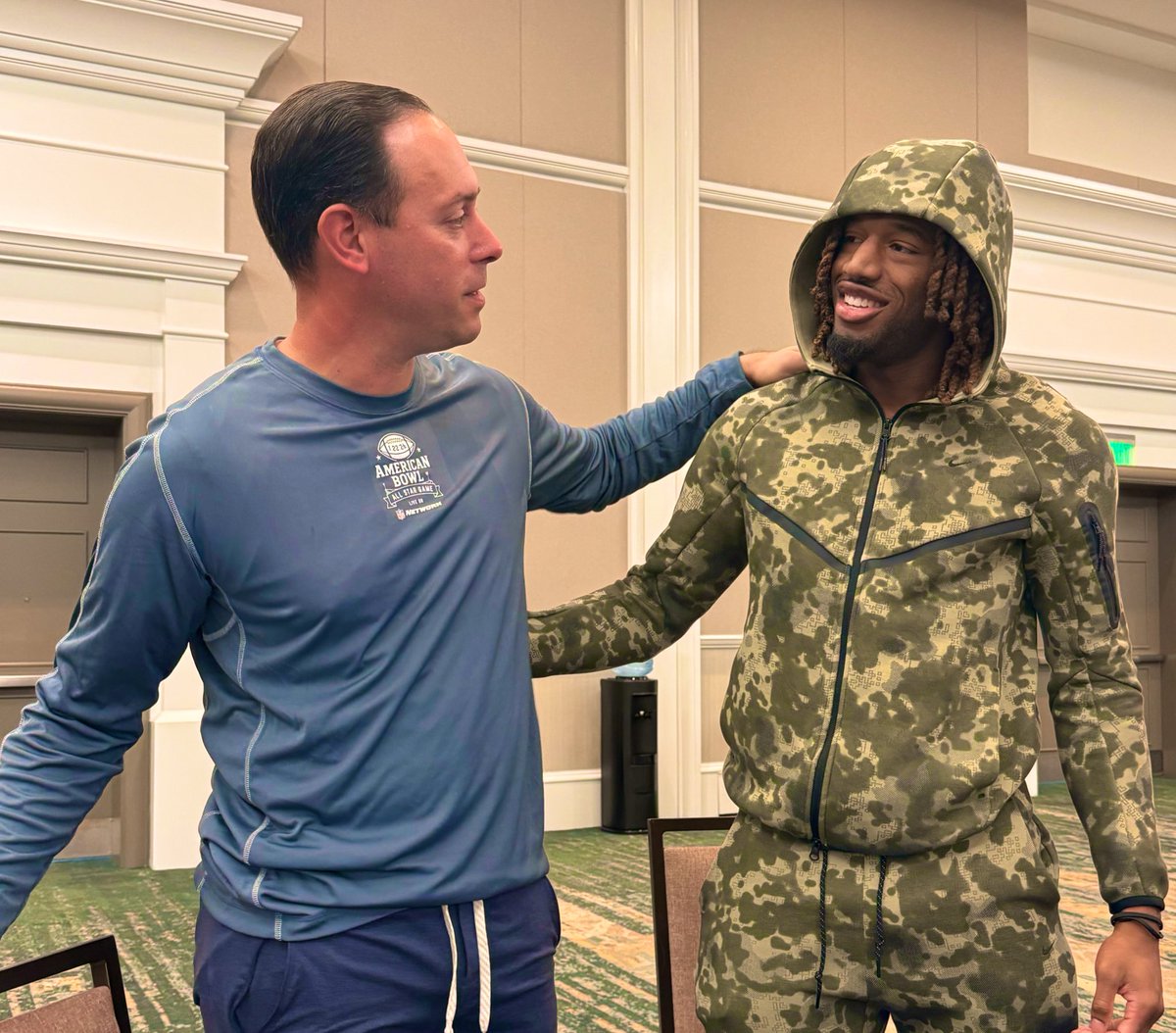 Being around <a href="/TyMontgomery_4/">Tyren Montgomery</a> the past couple weeks has been fun to experience. Wishing him the best on his ride to the <a href="/NFL/">NFL</a>. (Photo from when I told him that the <a href="/seniorbowl/">Panini Senior Bowl</a> wanted him to come to Mobile after he wrapped up at <a href="/TheAmericanBowl/">The American Bowl</a>)