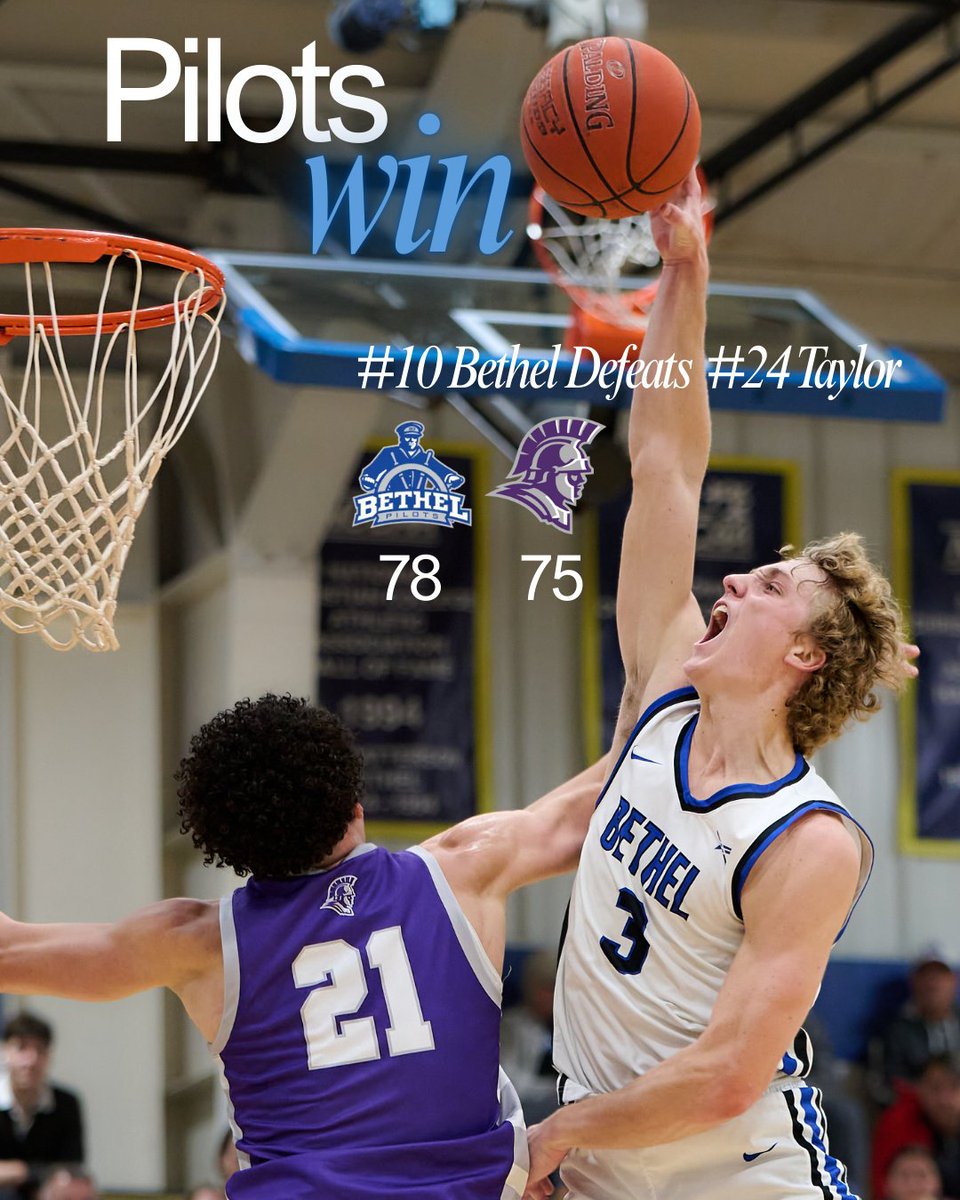 PILOTS WIN. 🏀

#10 Bethel defeats #24 Taylor 78-75 on the road at Odle Arena on Saturday!

Austin Cripe: 21 pts, 5 reb
Luke McBride: 15 pts, 4 stl
Colin Comer: 12 pts, 4 reb
Beau Jacquay: 11 reb

#TheRightWaytoPlay #PraiseTheLordJesusChrist #NAIAMBB

📷Scott Baker