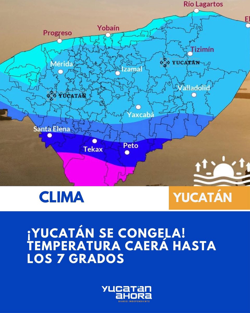yucatanahora's tweet photo. ¡YUCATÁN SE CONGELA! TEMPERATURA CAERÁ HASTA LOS 7 GRADOS

#Clima I Las autoridades de Protección Civil en Yucatán emiten un aviso preventivo ante el pronóstico de temperaturas significativamente bajas para el amanecer de este domingo 1 de febrero. Se anticipa un ambiente muy frío principalmente en el cono sur del estado

Municipios del Cono Sur: Se espera un amanecer muy frío con temperaturas de 7°C a 9°C en Tekax, Oxkutzcab, Tzucacab y Peto.

Zona Sur-Centro: Valores de 10°C a 12°C en municipios como Tahdziú, Chacsinkín, Tixmehuac, Teabo, Maní, Ticul y Santa Elena.

Centro y Noreste (incluyendo Mérida): Ambiente de fresco a frío con mínimas de 14°C a 16°C en Mérida, Umán, Motul, Izamal, Tizimín y Valladolid.

Zona Costera: Temperaturas más estables entre los 19°C y 21°C.

#YucatánAhora
