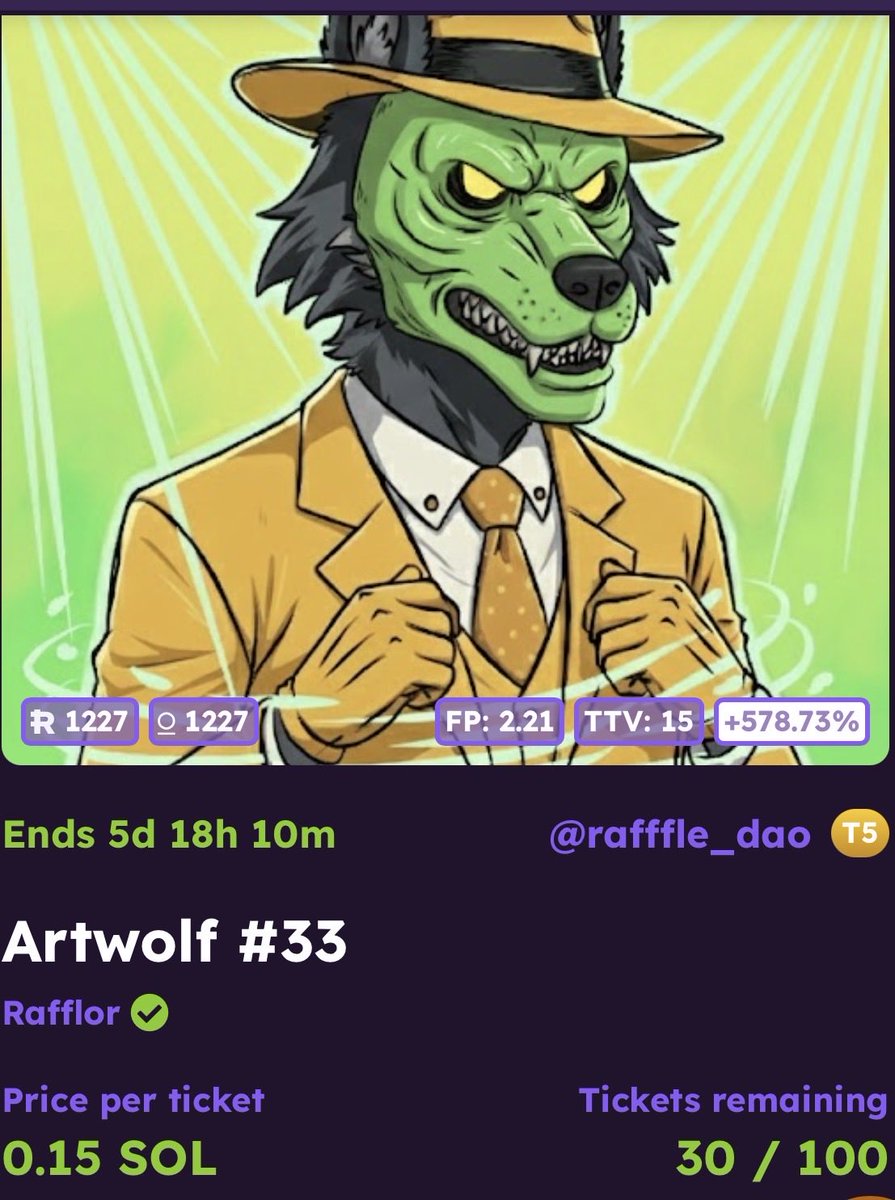 CHEDAR_SOL's tweet photo. Only 30 tickets ποΈ left on a hand drawn #ArtWolf
It is part of the #RAFFLORS collection by @rafffle_dao
Check out the raffle on @FamousFoxFed site
I will post a link in the comments to view ππΎ https://t.co/0W9H7OpZnp