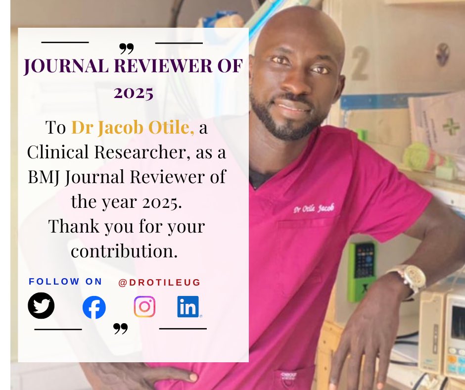 DrOtileUg's tweet photo. I’m excited to share that I’ve been honored by BMJ as one of the Journal Reviewers of the Year for 2025, selected to be among 1,343 outstanding scientific reviewers worldwide. #ClinicalResearch https://t.co/KZ5aq0StPX https://t.co/PpXtm2xTwy