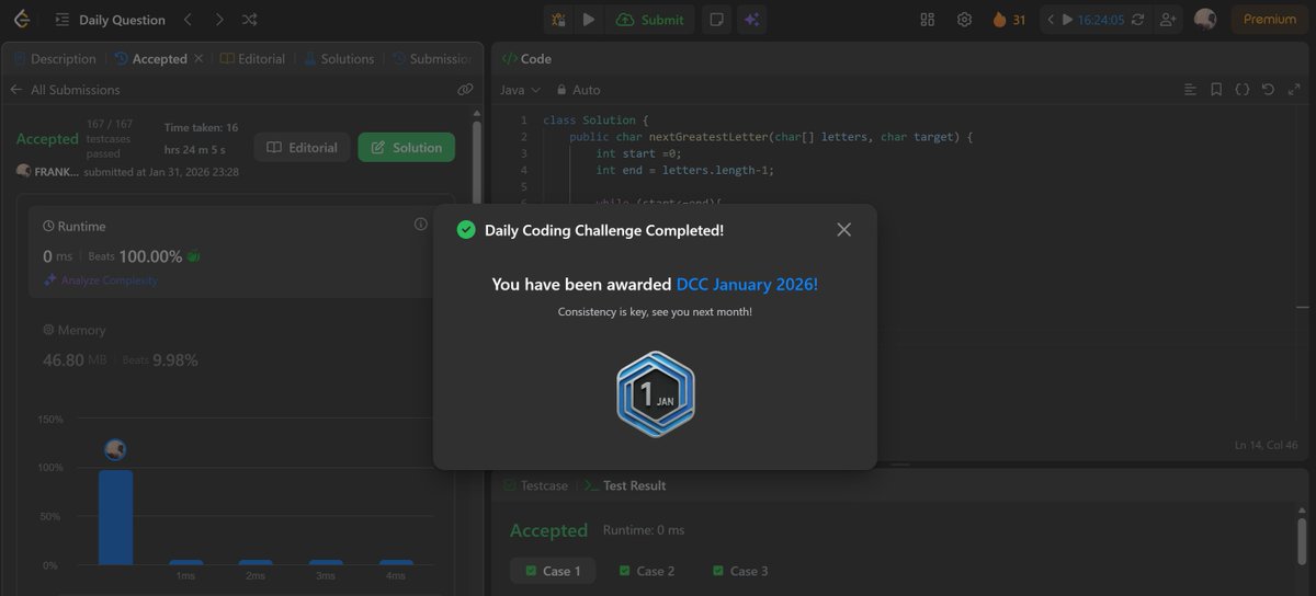 burkifa23's tweet photo. @LeetCode  January's 31 streak. I still spend hours on questions. Easy feels Medium! Medium feels hard!
Hard is Legendary! Thank You! @neetcode1,  @moshhamedani and Abdul Bari! Why Java?
Just give Java a chance... #Java #LeetCode https://t.co/DljaYXNHfK