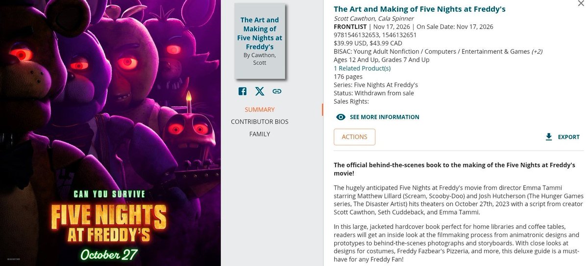 Noticias FNaF Película / Libros!
El libro de la película de FNaF de "The Art and Making of Five Nights at Freddy's 1 and 2" ha vuelto!

Se lanzará oficialmente el 17 de noviembre y ya no incluirá contenido de la segunda película, ahora como se planeó originalmente

"Echa un