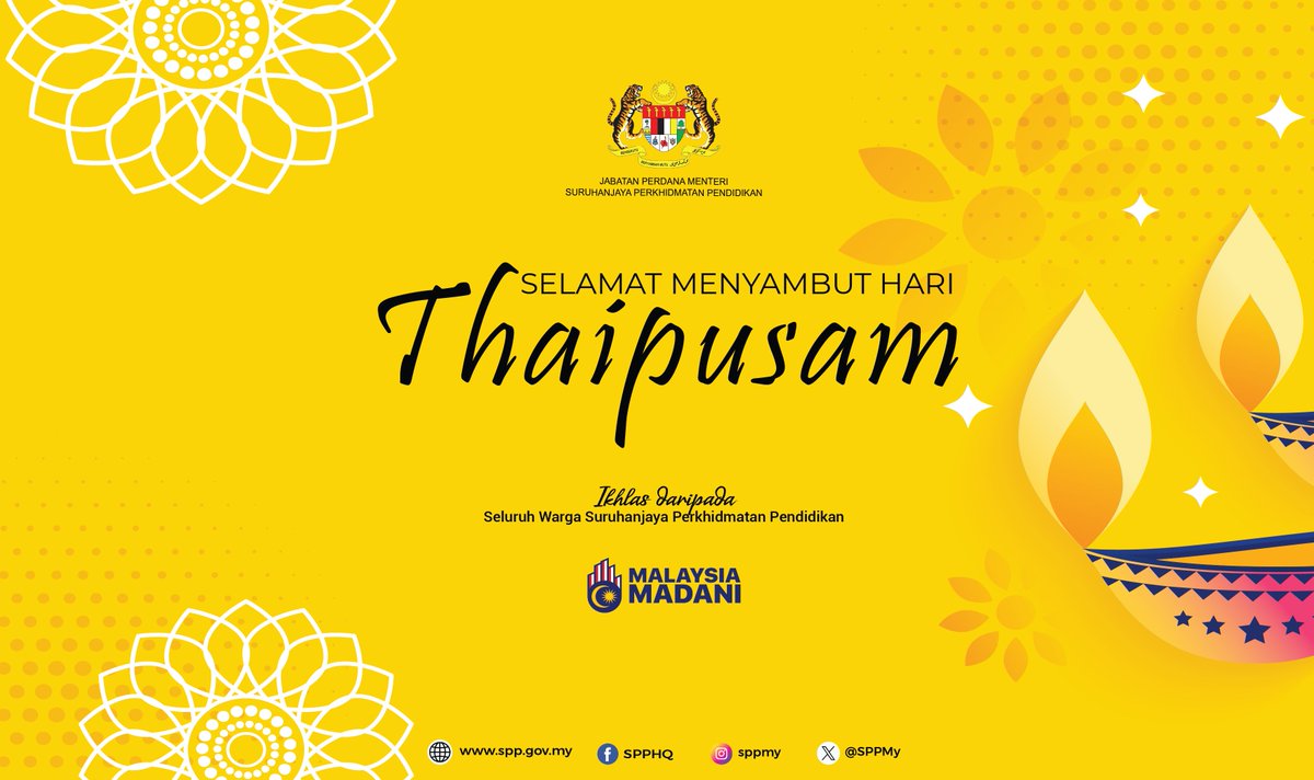 SPPMy's tweet image. Seluruh warga Suruhanjaya Perkhidmatan Pendidikan mengucapkan Selamat Menyambut Hari Thaipusam buat semua penganut Hindu di Malaysia.

#SPP
#MalaysiaMADANI