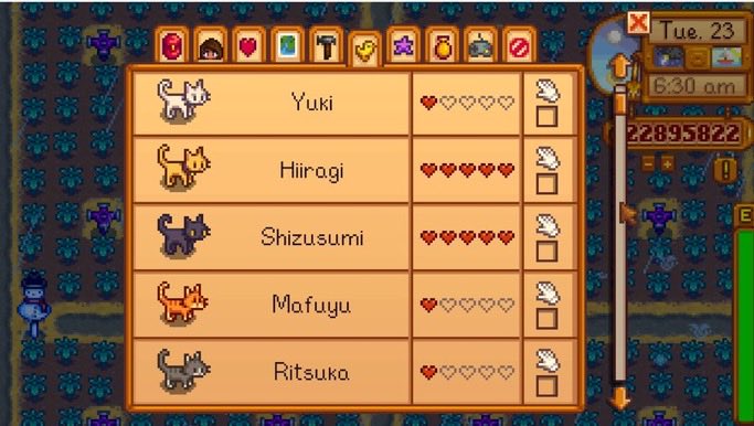 my stardew given kitties (colour coordinated)