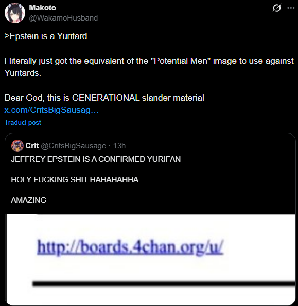 Normal people seeing the Epstein situation:
"oh my god this situation is even worse than we thought and it makes me so angry"

meanwhile these subhumans: