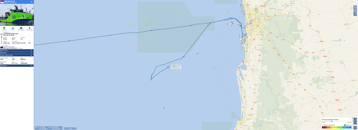 jaysguitars's tweet image. #MH370 #OceanInfinity Here is a look at Armada 86 05's position still in the calibration area Southwest of Fremantle. #vesselfinder