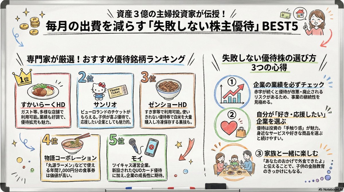 子育て世代必見！主婦投資家のおすすめ銘柄 資産3億円主婦のちょる子さんのおすすめ銘柄です。 【いいと思った点】 ・優待を通して投資を身近なものへ  娘の株主優待のおかげでみんなで外食できてるというやり方がいいと思いました。 優待という現物が1番投資をしてること ...