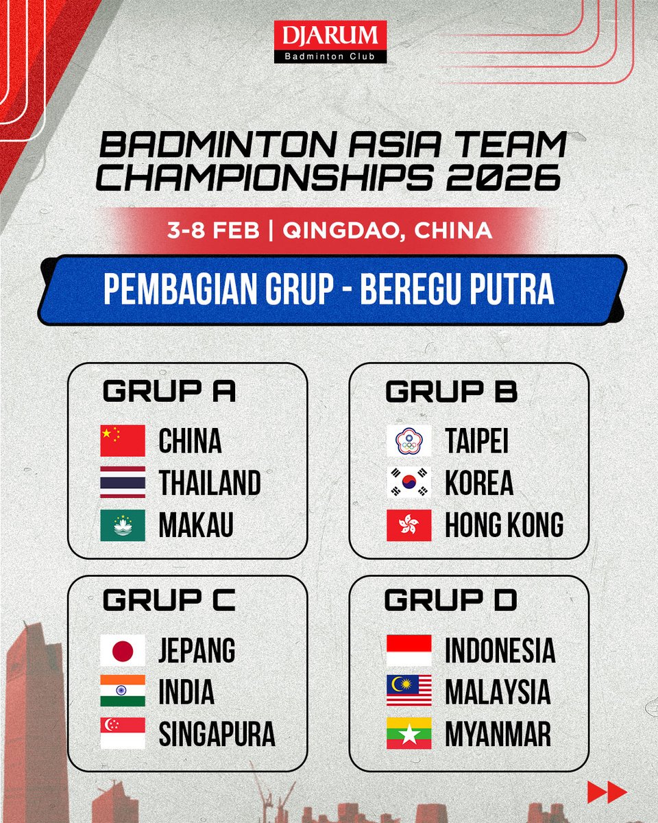 PBDjarum's tweet photo. Berikut drawing grup di #BATC2026 yah, Sobat! Tim putra Indonesia berada di grup D, dan tim putri di Grup X. ​

Ngeri-ngeri sedap, nih! Gimana menurutmu, Sobat? 🤔​

#tournament #TeruskanSemangatJuara https://t.co/dFQuZc8ERj