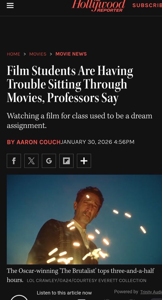 Before people start doom gazing: most people in my freshman film studies courses became film majors because they were well-off kids with a mild interest in movies and thought it would be an easy thing to do with their life. They bailed upon realizing filmmaking is damned hard.
