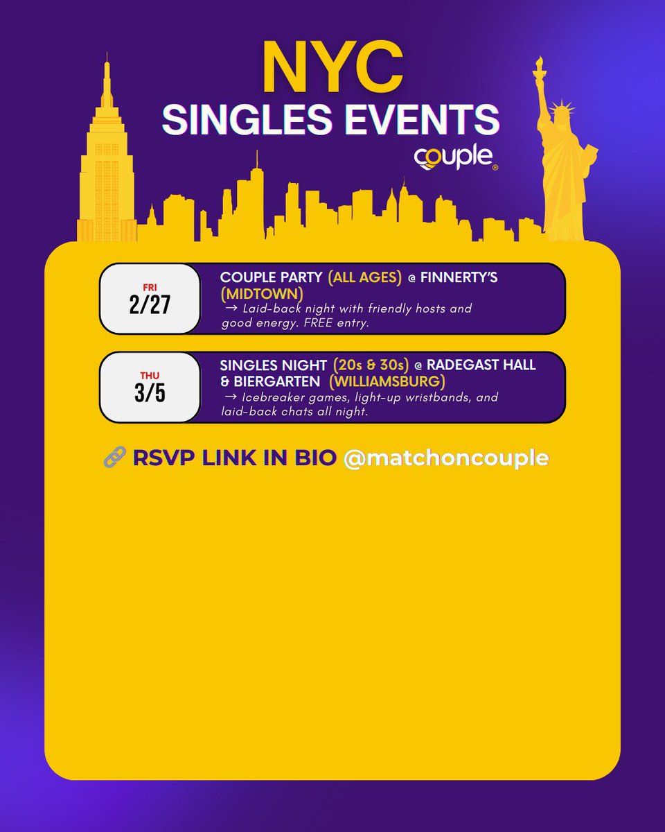 MatchOnCouple's tweet photo. Someone to share drinks with.

Someone to make plans with.

It starts with a night out.

🔗 See the full lineup in bio

#datingnyc #singlesevents #irldating #nycevents #nycsingles https://t.co/YH05EMsNB5