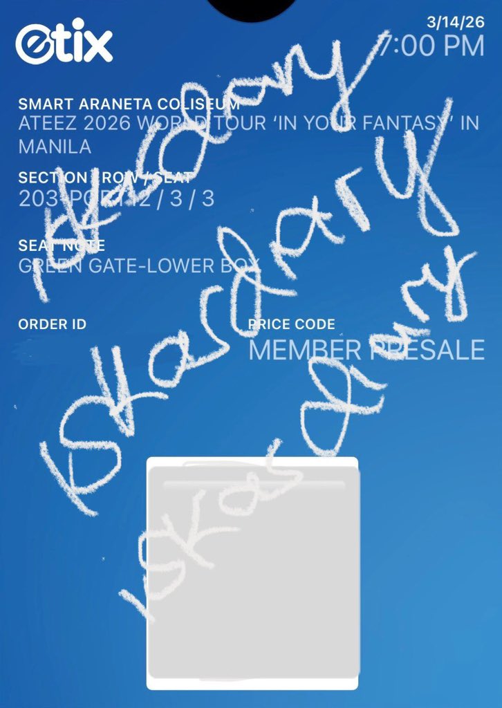 iskasdiary's tweet photo. wts/lfb

ATEEZ IN YOUR FANTASY IN MANILA

🏷️ 8,650 (srp + online fee)

• Lower Box (Section 203, Row 3)
• E-ticket
• Purchased during Membership Pre-sale
• RFS: Conflict of Schedule

🔖 wts lfb ateez iyf ph in your fantasy in ph https://t.co/iTTszFqroy