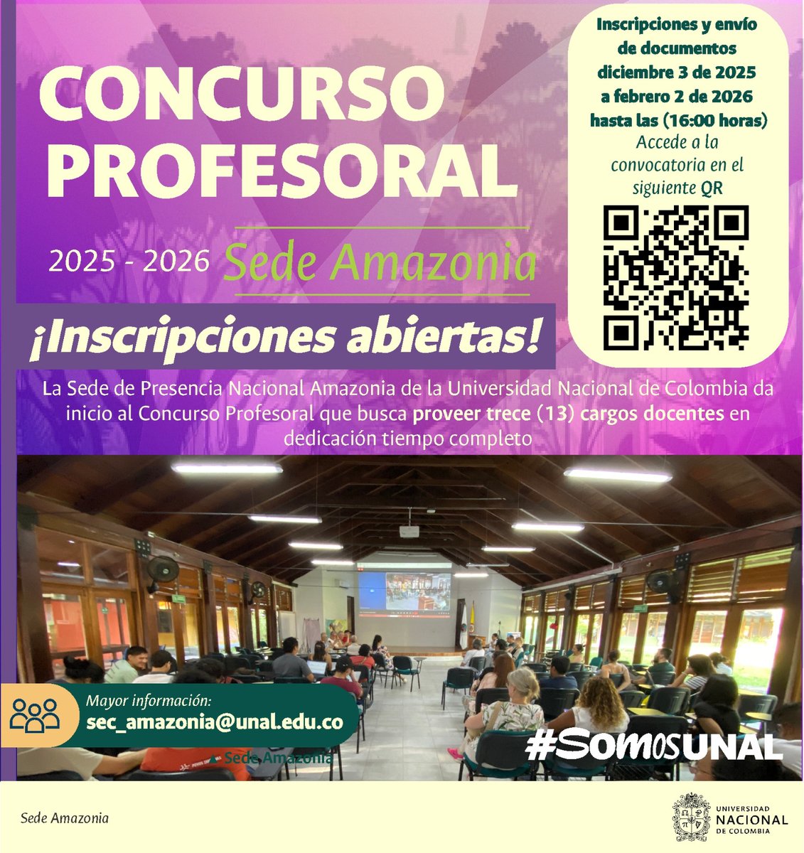 UNALOficial's tweet photo. #ComunidadUNAL ¡El Concurso Profesoral de la sede @AmazoniaUNAL cierra el 2 de febrero! 🧑‍🏫 Aprovecha estos últimos días para inscribirte a  la convocatoria que proveerá 13 cargos docentes | Conoce más aquí 👉 https://t.co/OnPdGOBm7U | #SomosUNAL https://t.co/hcNTZTkNlj
