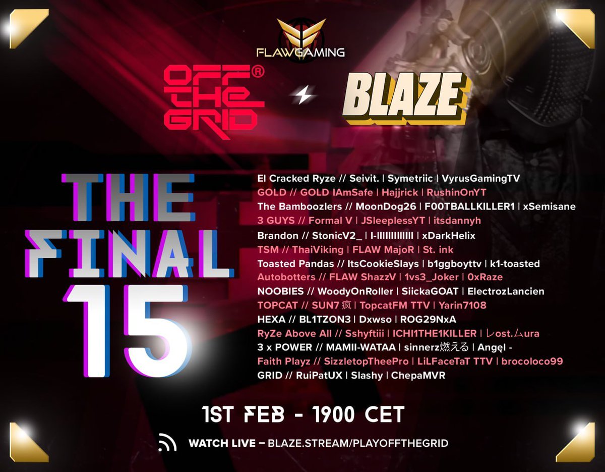 🏆 THE FINAL 15 ARE LOCKED 🏆

These teams survived Pool A &amp; Pool B and are headed to the OTG × BLAZE FINALS

📅 Tomorrow — 1st Feb
⏰ 19:00 CET

🎥 Watch live → blaze.stream/playoffthegrid