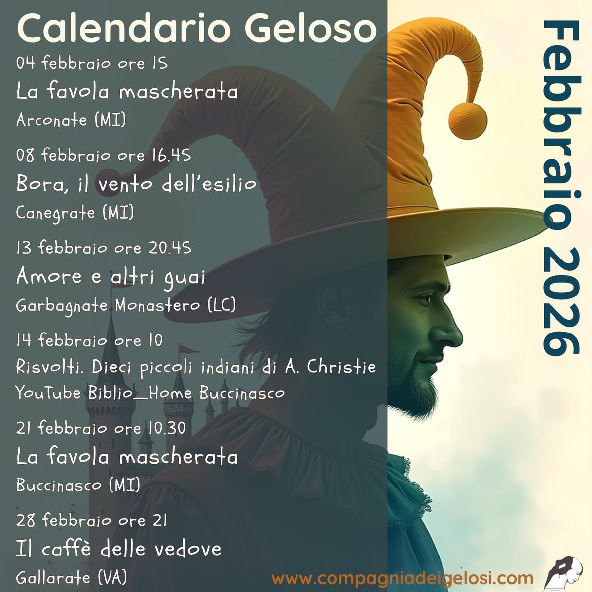 compagniagelosi's tweet photo. 🧡🤡CALENDARIO GELOSO🤡💙
Che amiate le #maschere di #Carnevale, la #storia della nostra terra o le #poesie d’#amore non fa differenza!
Con i #Gelosi c‘è sempre uno spettacolo che fa bene al 💚!
#giornodelricordo #sanvalentino #10febbraio #14febbraio #istria #esodo #noguerra https://t.co/PtRUPo0aPV