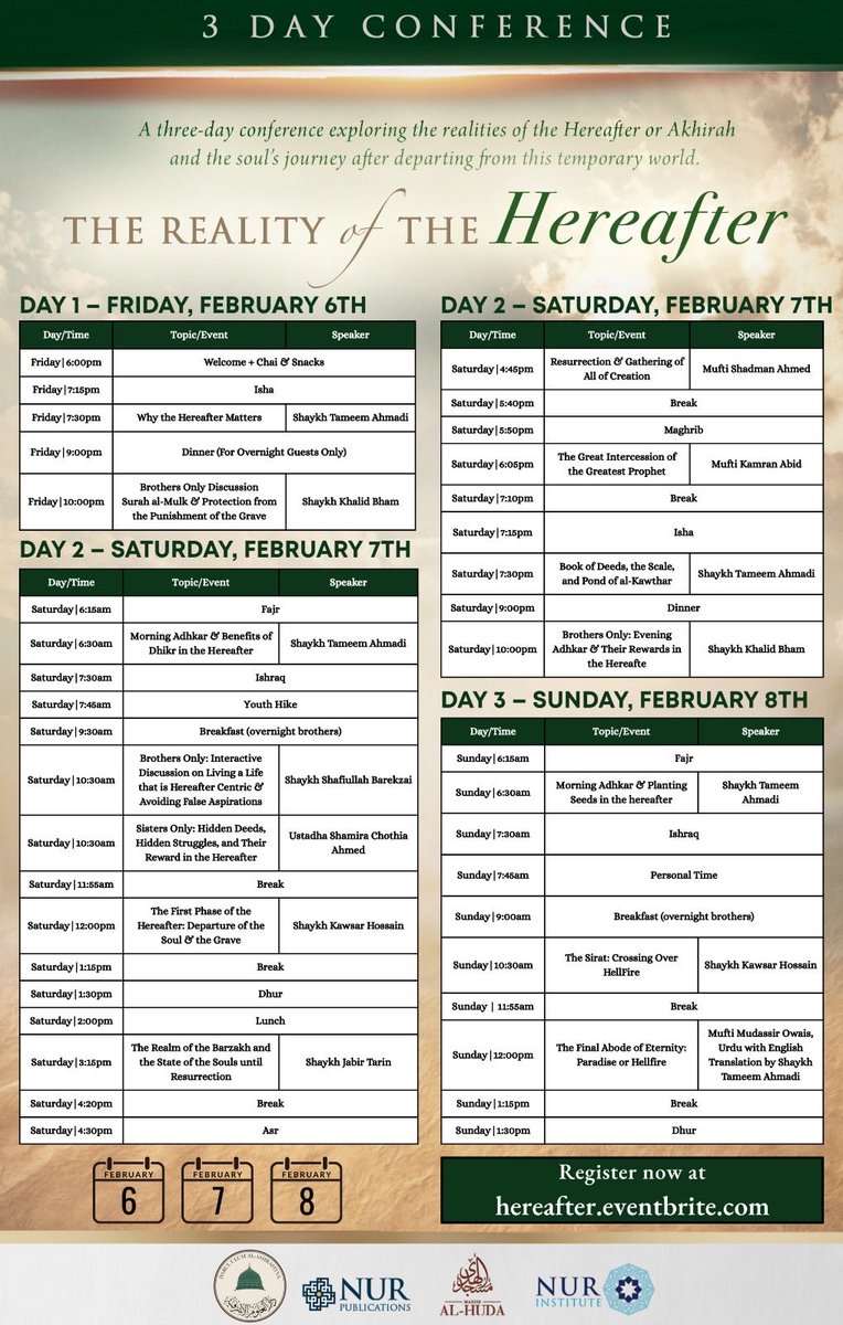 We are only 1 week away from our 8th Annual Conference — The Reality of the Hereafter. 

Join us for a transformational &amp; spiritually illuminating weekend

Register at hereafter.eventbrite.com

<a href="/NurInstituteCA/">Nur Institute</a> <a href="/Duaseminary/">Dārul ‘Ulūm al-Ashrafiyya</a> <a href="/NurPublications/">Nur Publications</a> <a href="/thaanwi2/">Tameem</a>