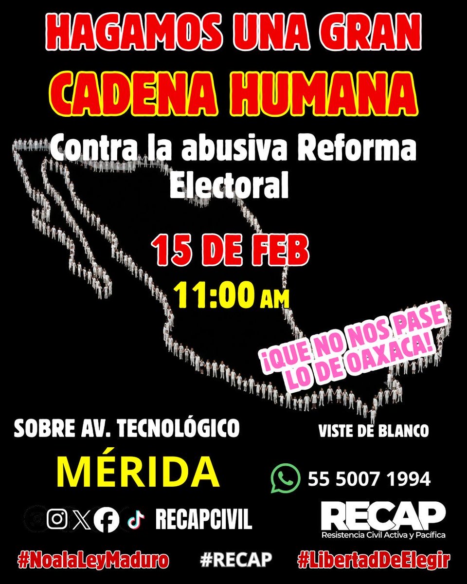 Mexico_Va_'s tweet image. La agrupación Resistencia Civil Activa y Pacífica(Recap) convoca a formar una cadena humana contra la reforma electoral de la Presidenta Claudia Sheinbaum para el domingo 15 de febrero, a partir de las 11:00 horas.
#NoaLaReformaElectoraldeSheimbaun
#MexicoVa🇲🇽
#RECAP
#USF…