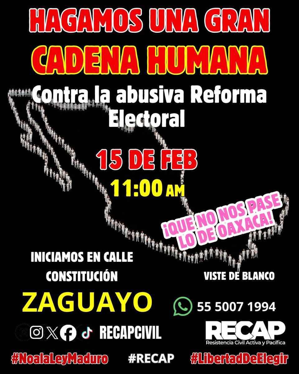 Mexico_Va_'s tweet image. La agrupación Resistencia Civil Activa y Pacífica(Recap) convoca a formar una cadena humana contra la reforma electoral de la Presidenta Claudia Sheinbaum para el domingo 15 de febrero, a partir de las 11:00 horas.
#NoaLaReformaElectoraldeSheimbaun
#MexicoVa🇲🇽
#RECAP
#USF…