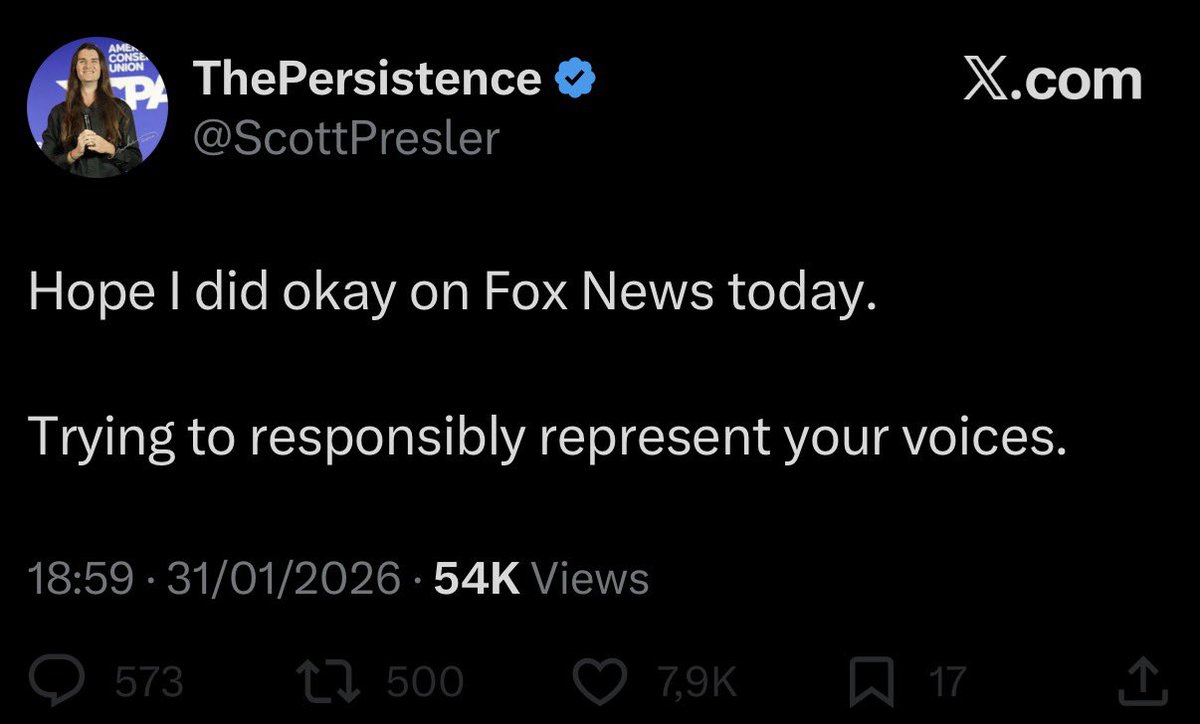 Hey <a href="/ScottPresler/">ThePersistence</a>, real responsibility includes condemning pedophilia. You posed with the Epstein Files – Phase I folder less than a year ago. Since the files dropped, you’ve said absolutely nothing. Why the silence?

P.S. Only faggots block critics. Oh wait…