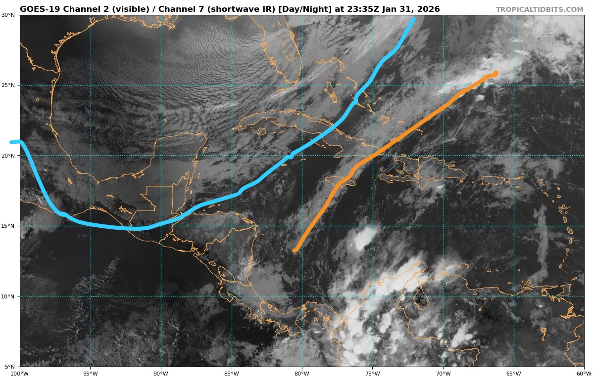 Ya la masa de aire polar penetrando actualmente sobre Cuba* vaguada pre-frontal en el canal de los vientos, al oeste de Haití
🚨A partir de domingo en la noche, a sacar sus abrigos 🥶🥶🥶
