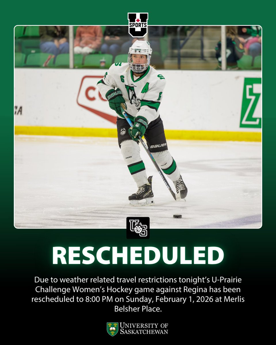 ⚠️RESCHEDULED⚠️

Due to weather related travel restrictions, tonight's Huskie Women's Hockey game against Regina has been rescheduled to 8:00 PM on Sunday, February 1, 2026 at Merlis Belsher Place.

Purchased tickets will be honoured.

#HuskiePride | #PowerofthePack