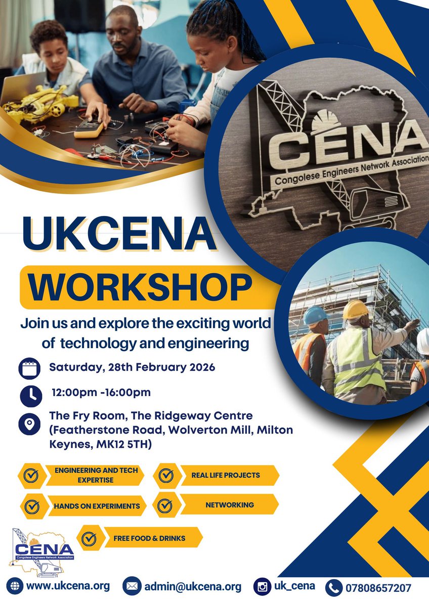 cena_uk's tweet photo. 🔧 UKCENA Engineering Workshop

📅 Sat 28 Feb 2026
⏰ 12–4pm
📍 Wolverton Mill, Milton Keynes

Hands-on experiments, real projects &amp; networking
🍔 Free food &amp; drinks

Please share with others &amp; don't hesitate to attend if you require further information. #STEM #Engineering https://t.co/s7370cuWqP