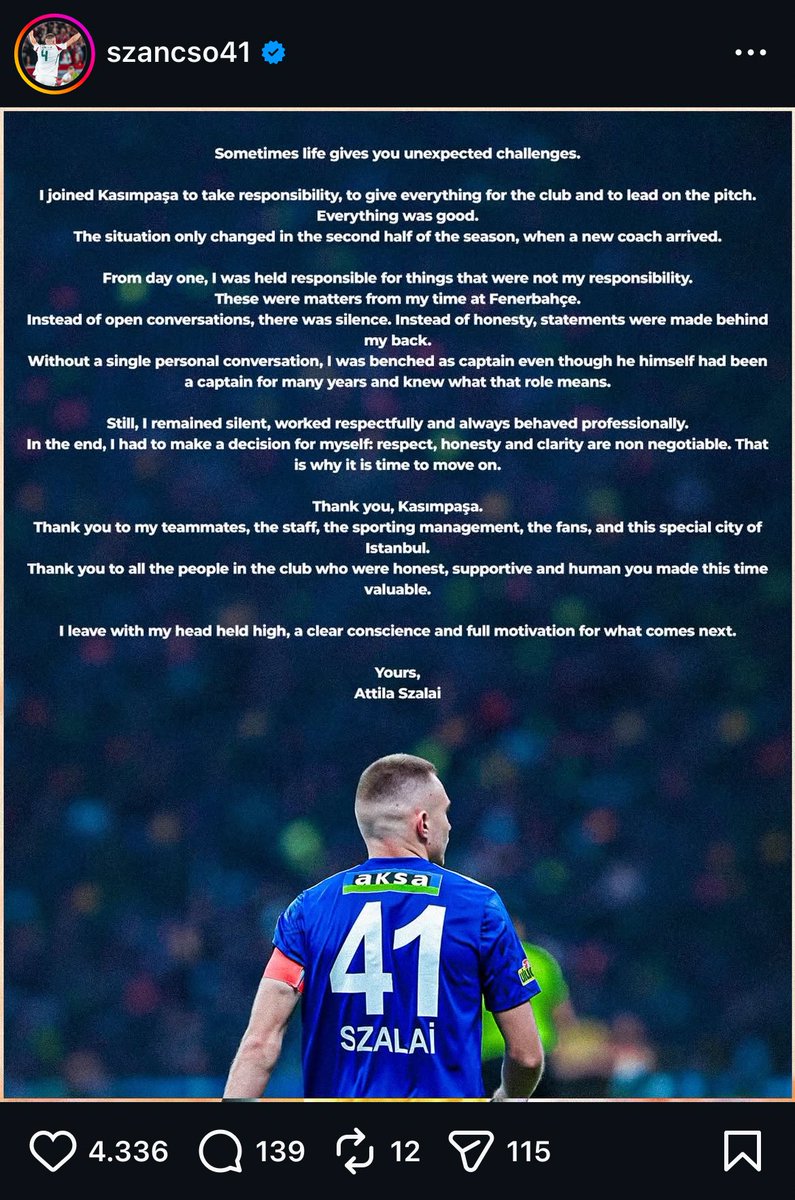 Çoğu spor sayfasının kaçırmasına şaşırdım, Szalai’nin Kasımpaşa’dan ayrılırken yaptığı açıklamalar şok yaratacak cinsten.

“Kasımpaşa’ya sorumluluk almak, kulüp için her şeyimi vermek ve sahada liderlik yapmak için geldim. Her şey yolundaydı.

Durum yalnızca sezonun ikinci