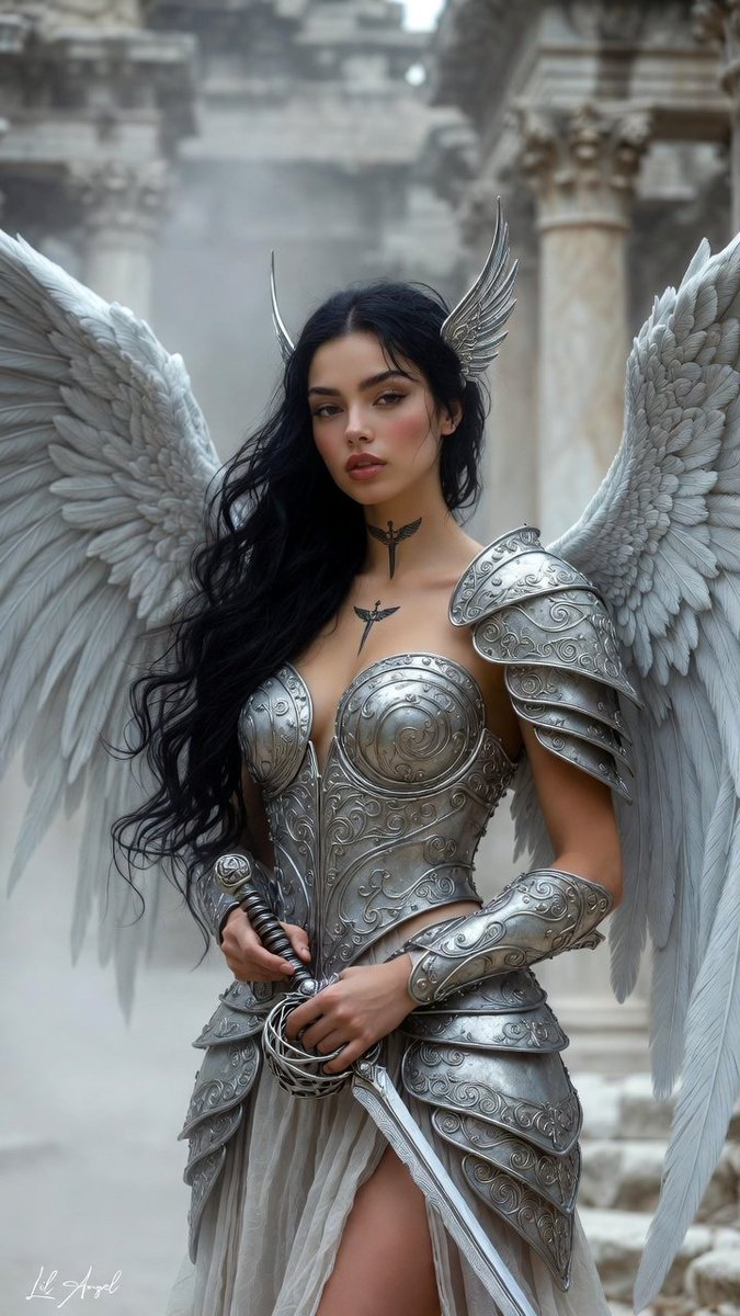 CLAngelillo's tweet photo. In the shrouded halls of forgotten temples, she emerges from the mist—silver-armored divine enforcer, wings vast and luminous, blade poised with ancient certainty.
The ruins bow to her silent command.
#LilAngel #WarriorAngel #TempleGuardian #EtherealWarrior #FantasyArt #DigitalArt