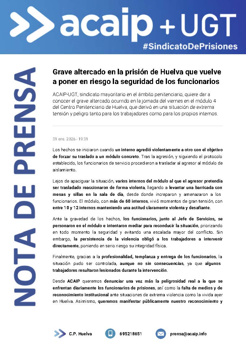 Acaip_centros's tweet photo. Grave altercado en la prisión de Huelva que vuelve
a poner en riesgo la seguridad de los funcionarios https://t.co/DI5Td877a5