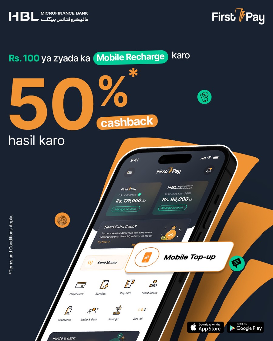 HBLMfBDigital's tweet photo. Get 50% cashback on mobile top-up with FirstPay! Just recharge mobile number with PKR 100 or more and get Rs. 50* cashback!
Download Now: https://t.co/lcgxn8G1FG
*Terms & Conditions Apply:
https://t.co/ShxXKZ6O1c
#FirstPay #DigitalWallet #OnlinePayments #HBLMfB https://t.co/NvKOPExY7I