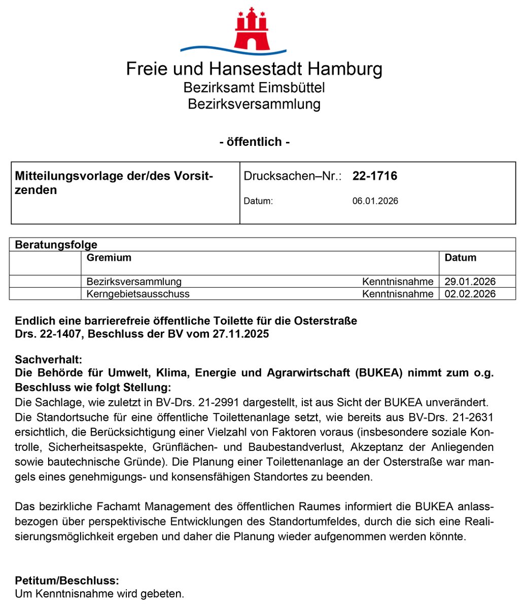 Pisstorius will unser Land wieder kriegstüchtig machen, aber der Staat bekommt nicht einmal die Toilettenfrage gelöst. Wiederholte Forderung der BV #Eimsbüttel (270.000 Einwohner:innen) nach einer Toilette in der #Osterstraße und deren Ablehnung durch die #BUKEA <a href="/mopo/">Hamburger Morgenpost</a> <a href="/abendblatt/">Hamburger Abendblatt</a>