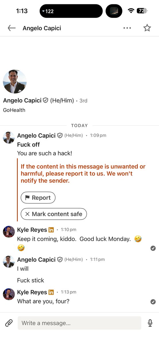 bluelivesmtr's tweet photo. Say hello to Angelo Capici. He thinks LinkedIn is a good place to call people who support ICE a bunch of N*zi F*cks - and call for the execution of an ICE agent.
His biggest mistake was sending this message to the dude who owns the largest police news outlet in the world - including our company.
Angelo, who goes by he/him (which is very confusing to us - but it's amazing what hormone therapy can potentially do for people these days, we guess) works for @TeamGoHealth and proudly boasts about the company while attacking #lawenforcement.
It seems like a great day to make Angelo famous.
@RealTomHoman @ICEgov @DHSgov @Sec_Noem we've got your six.
@libsoftiktok @0hour1 new guy wants to come out and play...