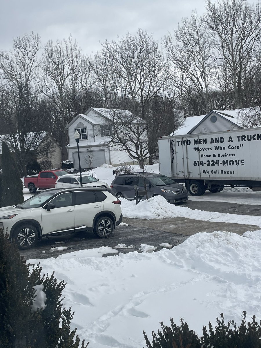 DasGatherer's tweet photo. @TwoMenAndATruck Confronted your guys about blocking our street. They said they didn’t care and that they weren’t gonna move. Neighbors were forced to park down the street and walk through snow. My wife was stuck. Called the police. We waited 2 hours. WTH? https://t.co/nQD096OSbn