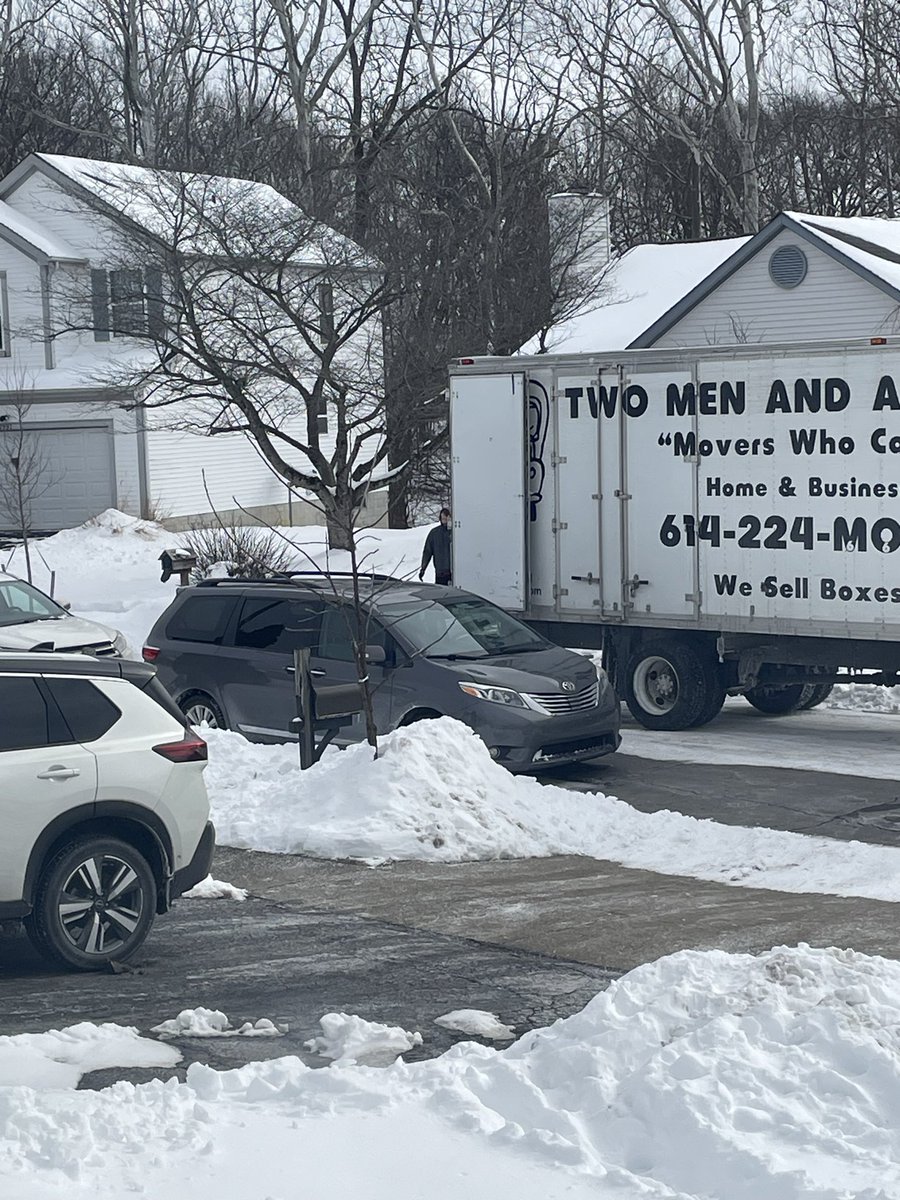 DasGatherer's tweet photo. @TwoMenAndATruck Confronted your guys about blocking our street. They said they didn’t care and that they weren’t gonna move. Neighbors were forced to park down the street and walk through snow. My wife was stuck. Called the police. We waited 2 hours. WTH? https://t.co/nQD096OSbn