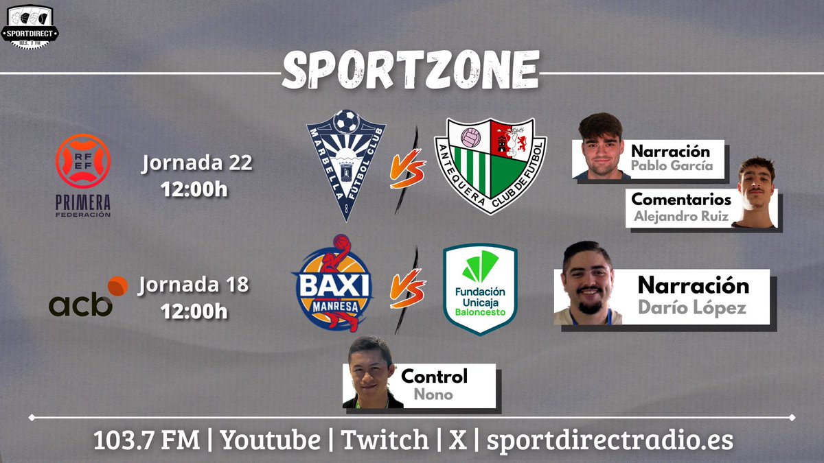 📣 ¡CARRUSEL DE DOMINGO!

🔴 La mejor cobertura del deporte malagueño se vive en SportDirect Radio

📻 Sigue a Antequera, Marbella, Unicaja y demás clubes de la provincia en el 103.7 FM y nuestras plataformas habituales