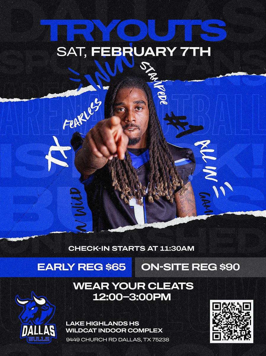 🔵 BULLS TRYOUTS THIS SATURDAY 🔵

Feb 7th @ Lake Highlands HS | 11:30 AM start
⏰ Cleats 12-3 PM
💰 Early Reg $65 | On-Site $90

Think you belong? COME SHOW US!

SCAN THE QR CODE to register 👇

#DallasBulls #Tryouts