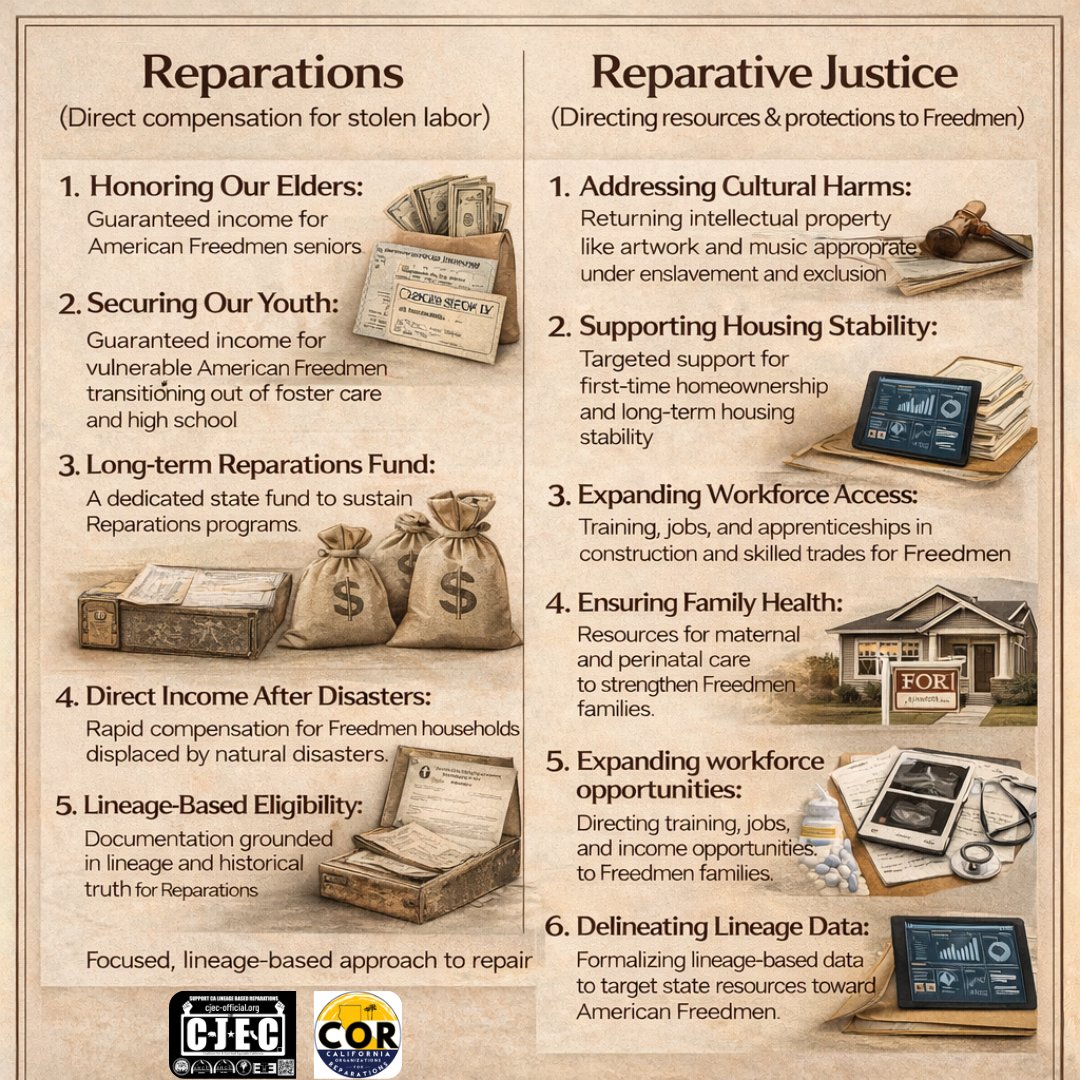 cjecofficial's tweet photo. Focused. Disciplined. Been here. Still here.

While the conversation around #Reparations has shifted in many directions, our focus and discipline has remained clear and consistent: Reparations and Reparative Justice for American Freedmen in California.

That focus and discipline has produced CJEC��s 2026 American Freedmen Reparations & Reparative Justice Policy Package: a comprehensive and growing set of proposals grounded in lineage, historical truth, and direct repair, created with and by the community we serve.

https://t.co/odsT2bEPAS 

We invite you to provide your ideas and feedback. 
We're building this together. 

This work centers #AmericanFreedmen as a #foundational American population and advances policies that honor our elders, secure our youth, stabilize families, and sustain direct compensation over time.

These proposals are not abstract. They are concrete, sequenced, and built to move resources where harm occurred — through direct income, data delineation, housing support, workforce pathways, cultural restitution, health, and more.

This is only the beginning. We’ll be sharing more details on each part of the package, how it fits together, and what it will take to make these proposals real in 2026.

If you want to help bring these policies to life, specific ways to get involved are coming soon. Stay tuned, follow CJEC, and be ready to move with us. @cjecofficial