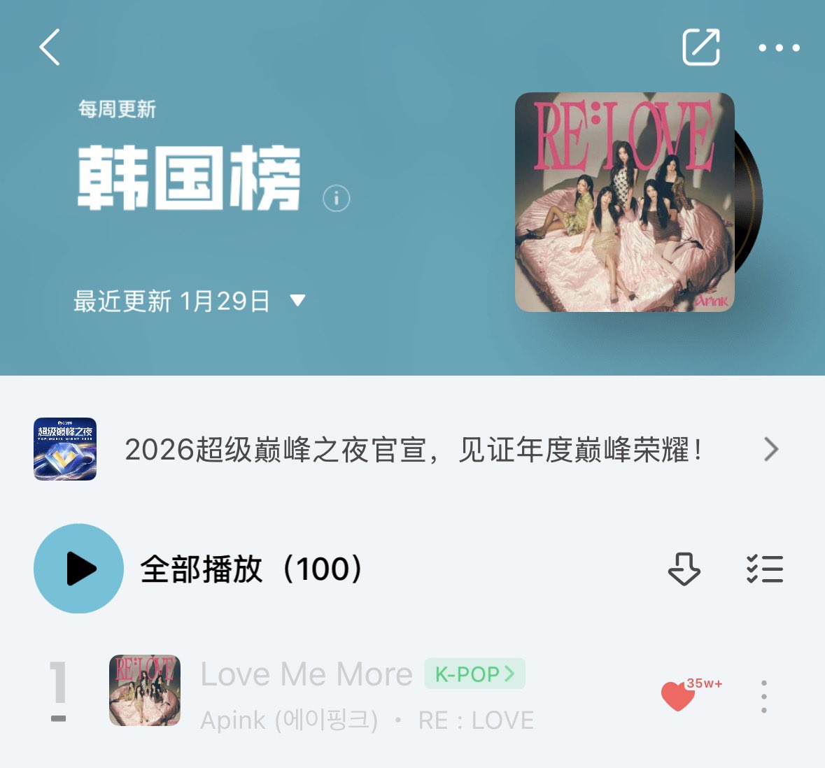 ApinkStats's tweet image. QQMusic 🇨🇳 — Week 5

K-Pop Chart
#1 - “Love Me More” by @Apink_2011 (=)
*3 weeks at #1*

#Apink #에이핑크