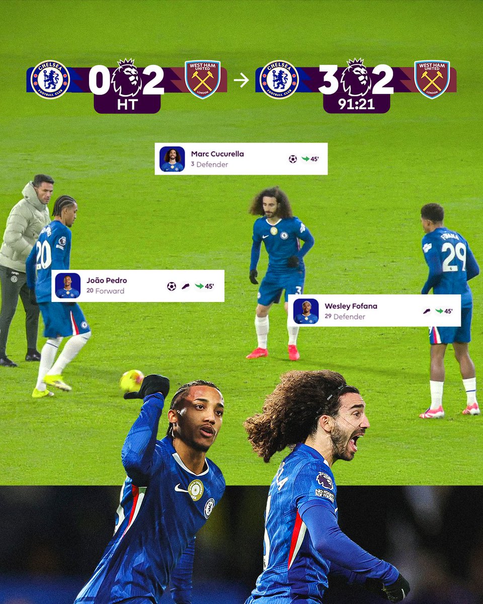Liam Rosenior’s half-time changes 📈📈📈

These three <a href="/ChelseaFC/">Chelsea FC</a> substitutes came on and won the game against West Ham!