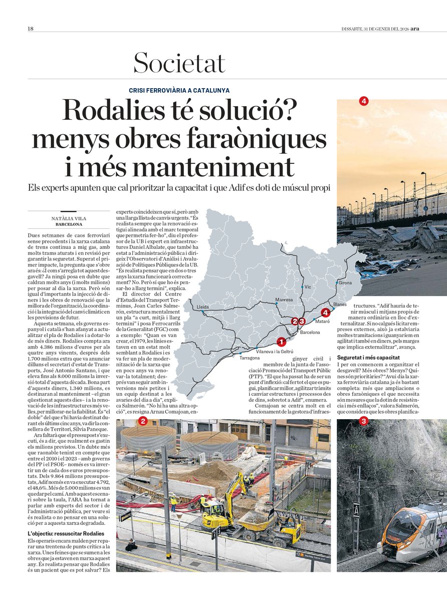 JoanCSalmeron's tweet photo. Excel.lent article de @Nat_Vila al Diari Ara sobre solucions de futur per Rodalies. 
Participo, amb @TerminusCET, afirmant que com la xarxa està dèbil i s'ha de completar el Pla de Rodalies, oblidant soterraments. També amb @acomajoancara de @transportpublic i @danielalbalate. https://t.co/wDXmGVFYBI