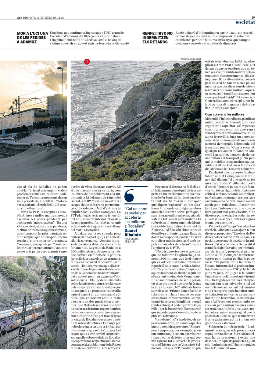JoanCSalmeron's tweet photo. Excel.lent article de @Nat_Vila al Diari Ara sobre solucions de futur per Rodalies. 
Participo, amb @TerminusCET, afirmant que com la xarxa està dèbil i s'ha de completar el Pla de Rodalies, oblidant soterraments. També amb @acomajoancara de @transportpublic i @danielalbalate. https://t.co/wDXmGVFYBI