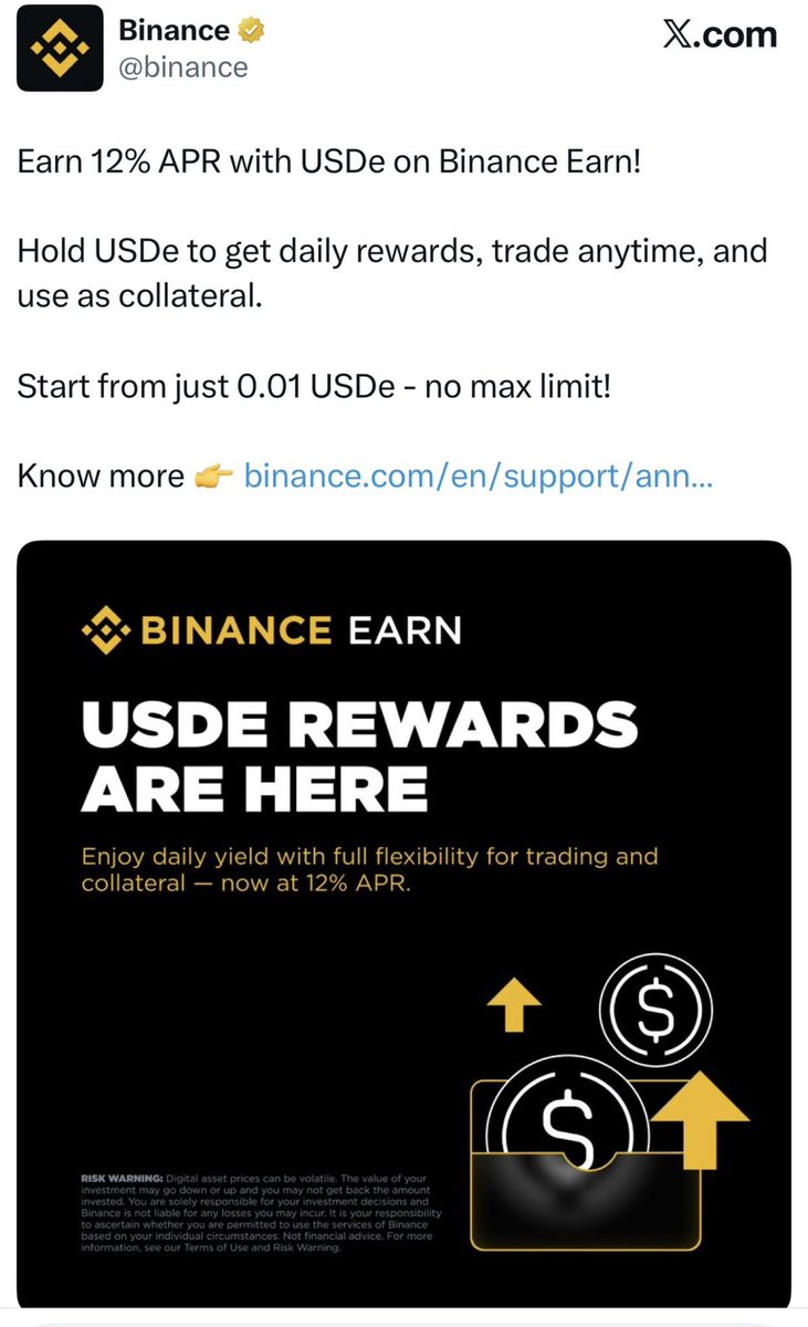 The Oct 10 crypto crash wasn’t random.

According to the OKX CEO, it was caused by reckless leverage marketed as “safe yield.”

Binance pushed USDe like a normal stablecoin, letting users loop leverage:
USDT/USDC → USDe → collateral → borrow → repeat
All for 24–70% APY.

That