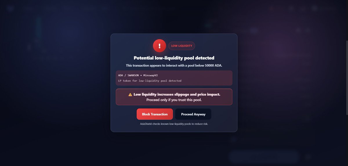 ada_shield's tweet image. have you ever lost funds due to low liquidity, or ended up with a worse price for your trade than you expected?

AdaShield extension's next release is adding low liquidity protection.

if you're asked to sign TX interacting with liquidity pool, you'll know before you even sign