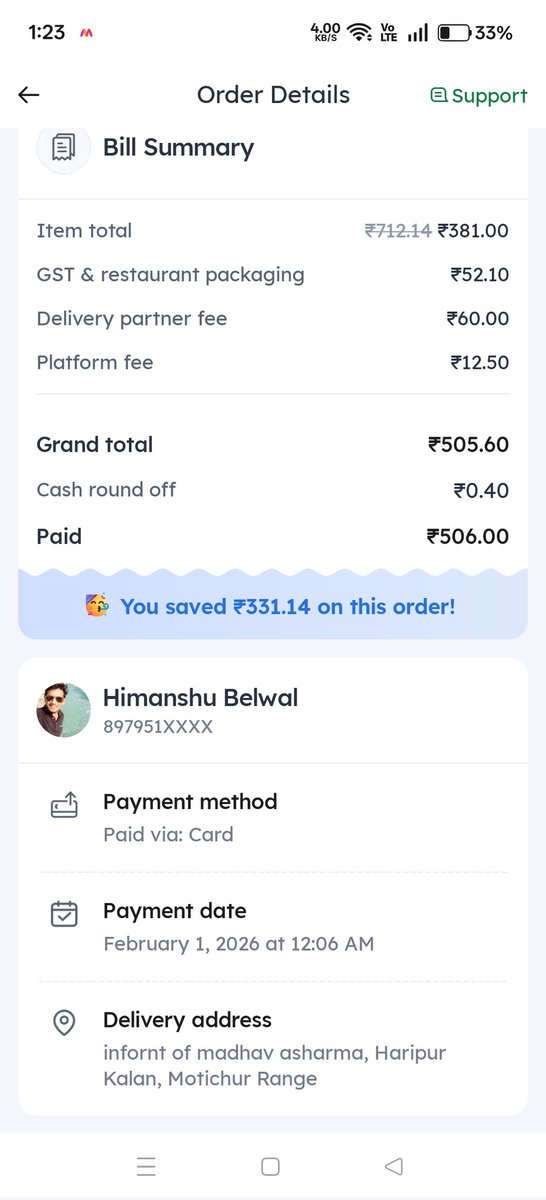 hs8907's tweet photo. @zomato @zomatocare why you are charging delivery fee order took more than 1.5hrs 
What is the benefit of paying delivery fee if your delivery person taking more than 1 order. 

#poorservice #coldfood https://t.co/m0LjmADRDp