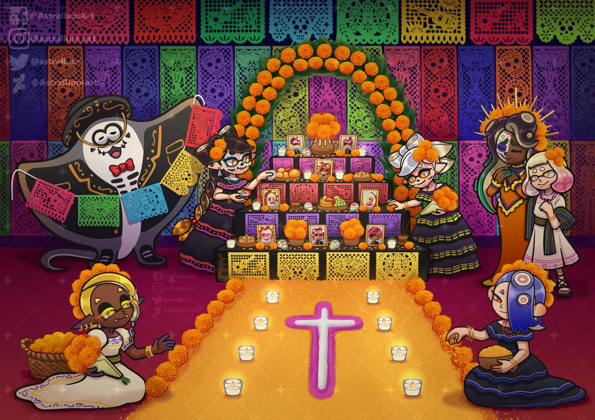 Dia de los muertos, a beautiful Mexican tradition to celebrate those who have departed. 🌼🇲🇽

Seems like the idols working hard to honor the octo soldiers who where lost to the deep sea metro.

#splatoonart  #splatoon3