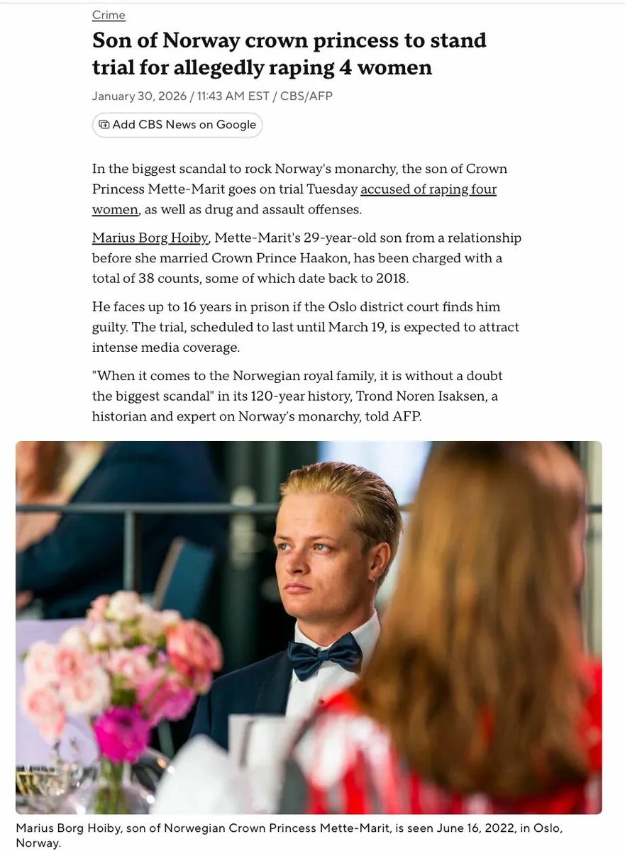 DD_Geopolitics's tweet photo. 🇳🇴 The son whose mother asked Jeffrey Epstein about naked women wallpaper is the same man now on trial for raping four women.

In 2012, Crown Princess Mette-Marit emailed Epstein: "Is it inappropriate for a mother to suggest two naked women carrying a surfboard for my 15 yr old sons wallpaper?"

Epstein, a convicted sex offender at the time, told her to let him decide.

That son, Marius Borg Høiby, now faces 38 criminal charges including four counts of rape. Trial starts Tuesday.

Historians called this "the biggest scandal in Norway's 120-year royal history." That was before the Epstein files showed his mother appears over 1,000 times, visiting his Palm Beach house, taking his parenting advice, having his staff arrange her flights and drivers.

The snowball has turned into an avalanche.....