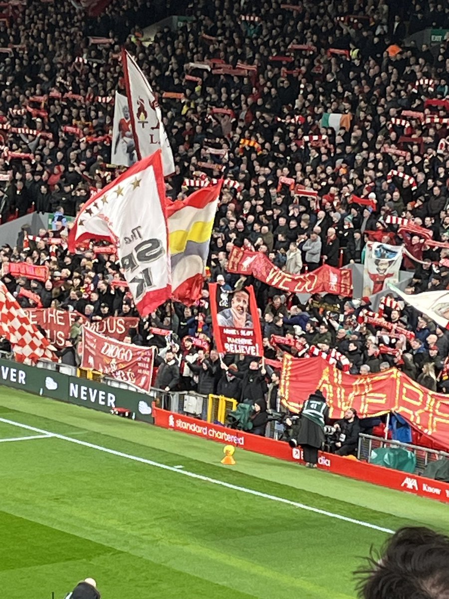 “Arne’s Slot Machine Believe!” proclaims a banner front and centre of The Kop. 
Contrary to what you are being told in certain quarters of this space, plenty remain behind Liverpool’s Head Coach
