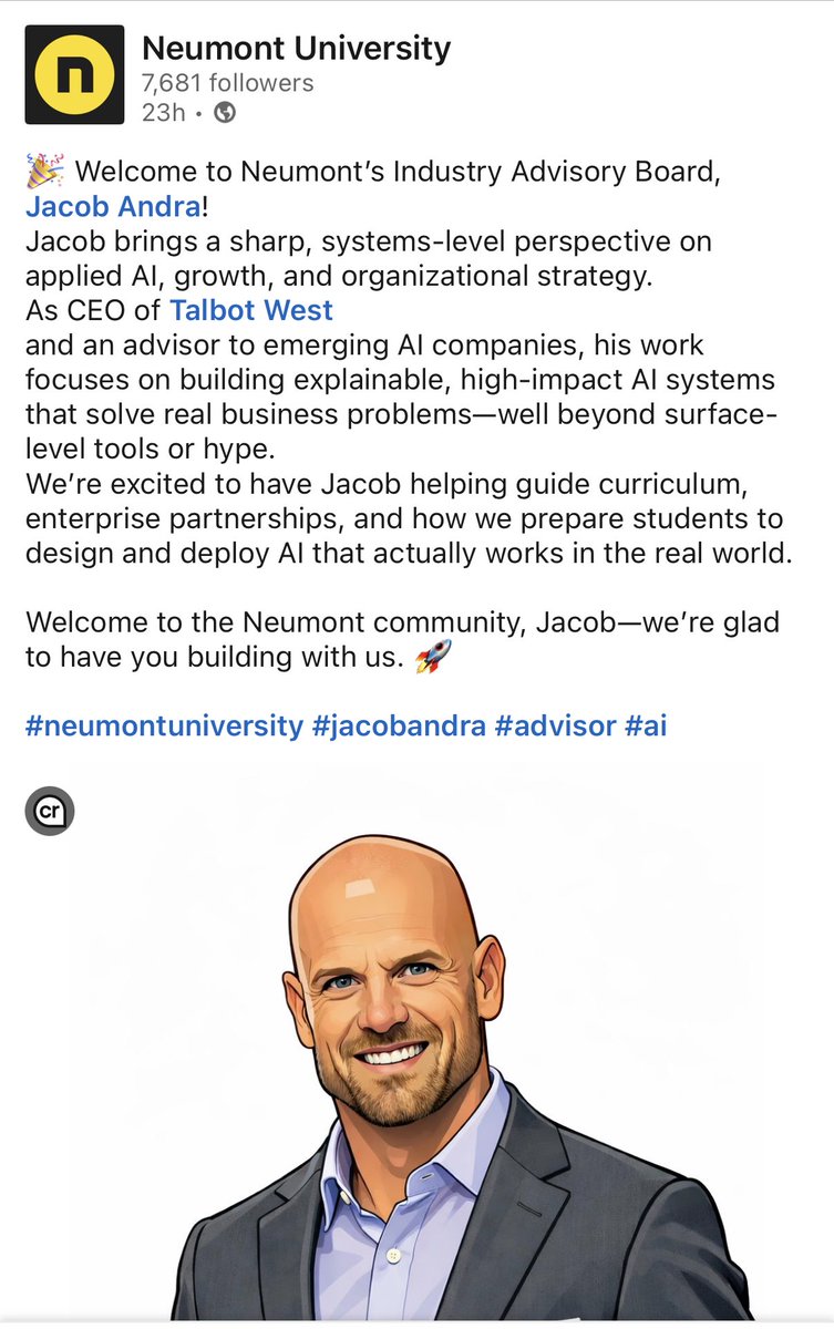 I’m honored to be joining the advisory board of ⁦<a href="/Neumontu/">Neumont University</a>⁩