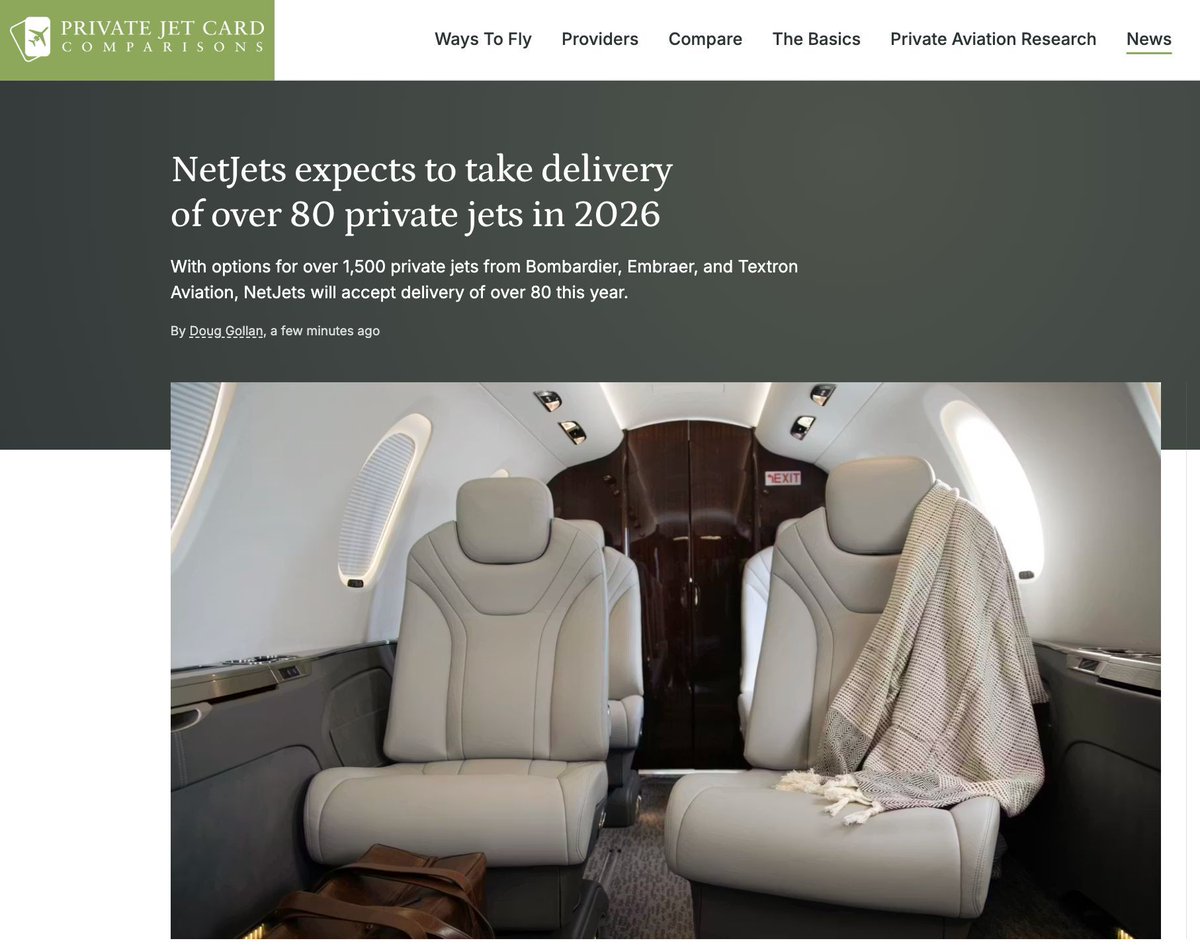 DougGollan's tweet photo. With options for over 1,500 private jets from Bombardier, Embraer, and Textron Aviation, NetJets will accept delivery of over 80 this year. #NetJets #OnlyNetJets #Bombardier #Embraer #Textron #NoPlaneNoGain #BizAvWorks #ClimbingFast https://t.co/AoC21RybXy