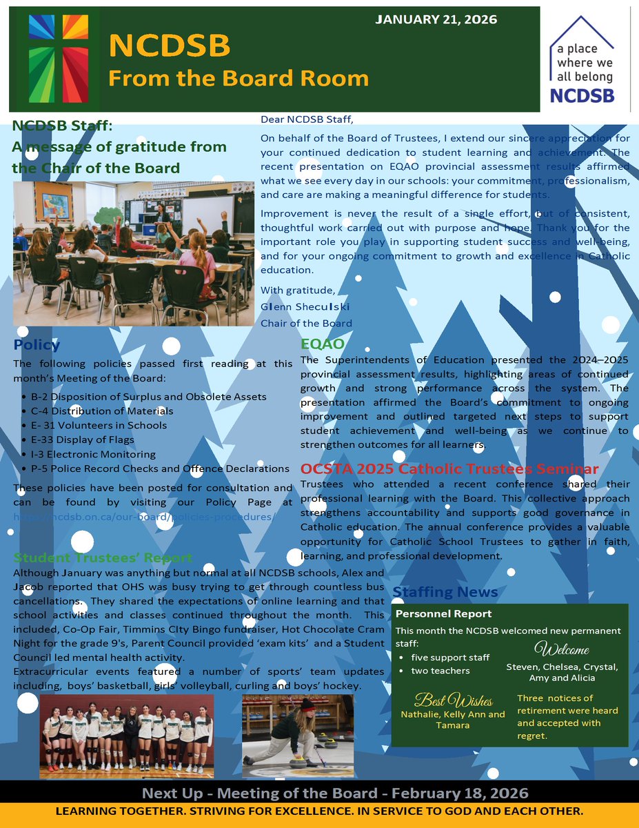 Enjoy the January 2026 NCDSB From the Board Room Newslette...r